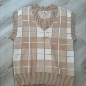 Main Strip V-Neck Plaid Sweater Vest - Tan and Cream